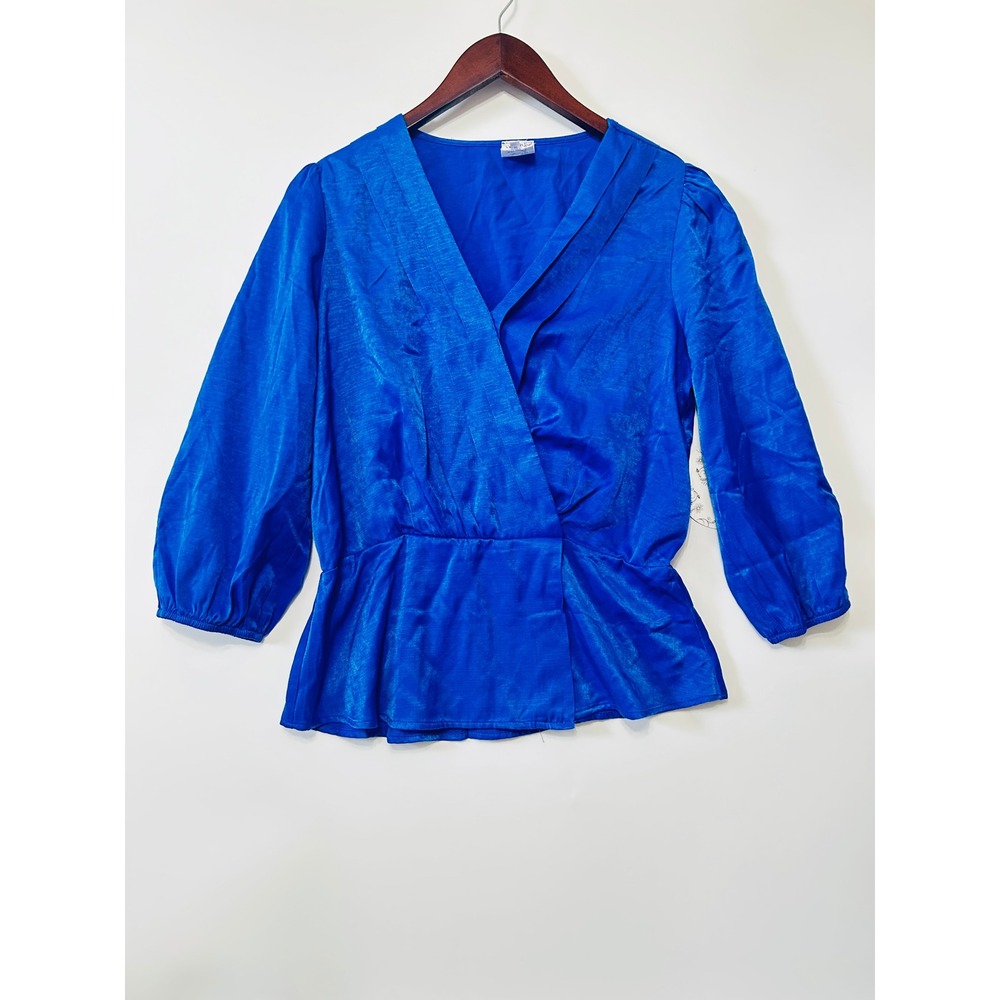 Naïf Wrap Peplum Blouse Puff Sleeve V-Neck Size M NWT Royal Blue Satin Chic